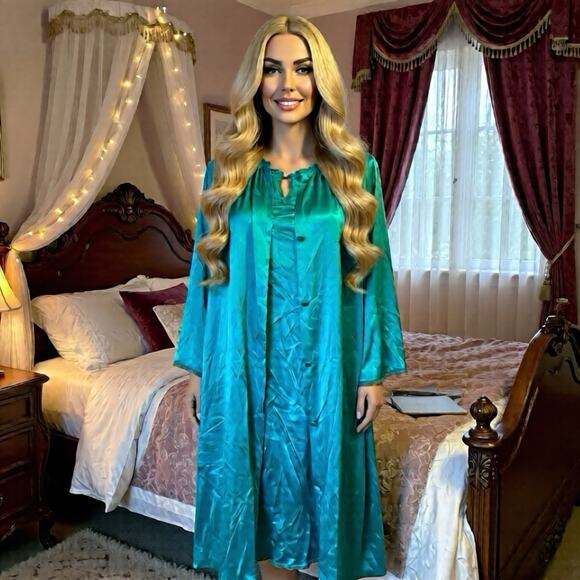 Vtg VanityFair Nightgown Robe Peignoir 2PC Set Nylon Lace Turquoise USA Fairy M - Picture 1 of 14